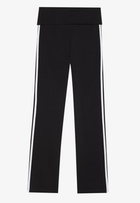 Pantalons de sport noirs avec une large ceinture, ornés de rayures blanches verticales de chaque côté. Fabriqués en tissu doux et extensible pour un confort optimal.