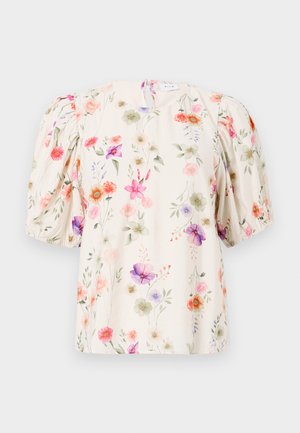 Blusa floral con mangas abullonadas, con un fondo crema y patrones de flores coloridos en tonos de rosa, púrpura y verde.