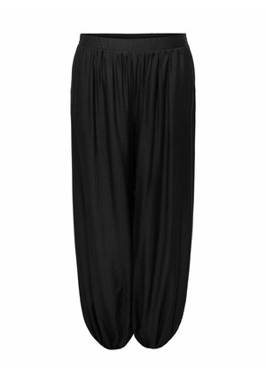 Loose black harem pants with gathered elastic waistband and cuffs, made from lightweight, flowy fabric.