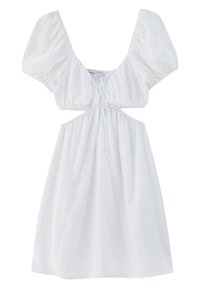 Robe blanche avec manches bouffantes, devant à cordon, côtés découpés et jupe fluide. Fabriquée en tissu léger.