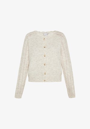 Pletený kardigán v svetlej béžovej farbe s volánovým výstrihom, zapínaním na gombíky a textúrovanými akcentmi pozdĺž rukávov. Mäkkučký, stredne ťažký materiál.