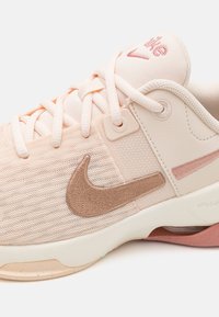 Vaaleanpunaiset urheilukengät, joissa on verkkokanguppuja, teksturoitu ruusukultainen Swoosh-logo ja pehmustettu nilkkapanta. Varusteena kumipohja, jossa on näkyvä ilmanvaimennus.