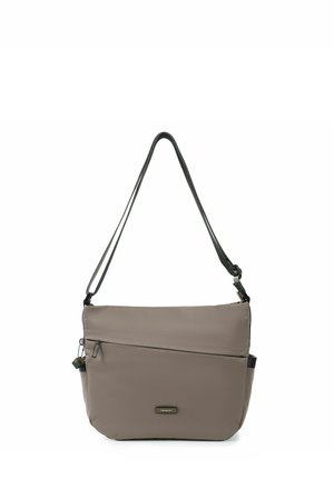 Sac à bandoulière taupe avec sangle noire réglable, poche zippée diagonale à l’avant et petite étiquette de marque rectangulaire au centre avant.