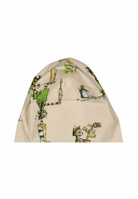 Beige-kangas, jossa on kuvituksia kissoista, jotka pinoavat puisia palikoita, sekä pingviini, joka pitää sauvaa, sisältäen leikkisiä, värikkäitä sarjakuvamaisia hahmoja.