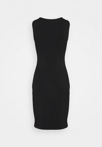 Svart ärmlös klänning med en figurnära silhuett, rund halsringning och medellång design. Slät tyg med minimala detaljer och sömmar.