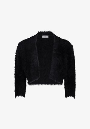 Veste noire cropped en tissu doux et texturé avec une apparence shaggy. Dispose de manches longues et d'un design à ouverture frontale.