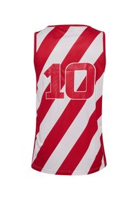 Rood-wit diagonale gestreepte mouwloze sportshirt met het nummer 10 in grote rode cijfers op de achterkant.