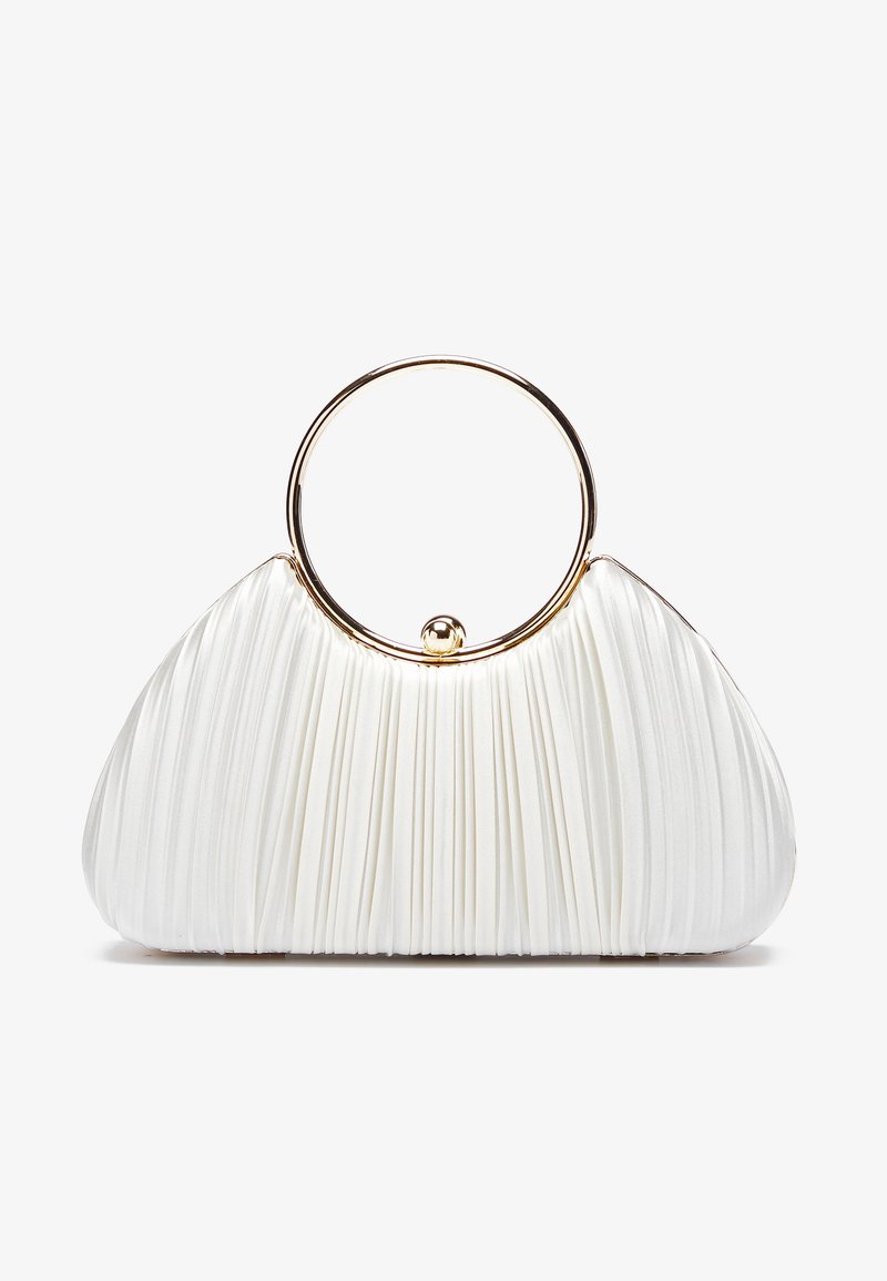 Sac à main plissé blanc avec une poignée circulaire en or, doté d'un tissu doux et d'une forme arrondie. Design élégant avec une finition texturée.