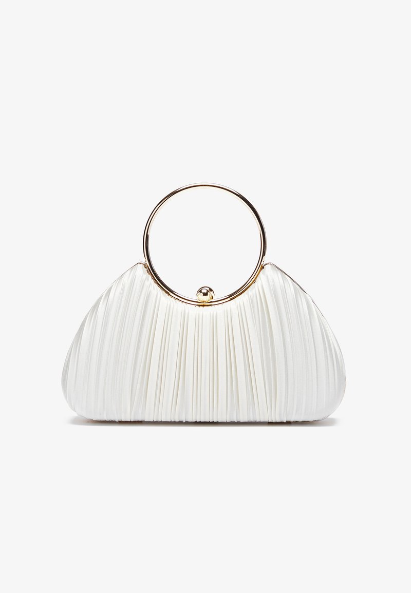 Borsa a mano bianca con pieghe e manico rotondo in oro, caratterizzata da un tessuto morbido e una forma arrotondata. Design elegante con una finitura testurizzata.