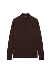 Dark brown long-sleeve polo shirt with two-button placket and classic collar, displayed flat against a white background.