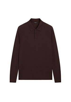 Dark brown long-sleeve polo shirt with two-button placket and classic collar, displayed flat against a white background.