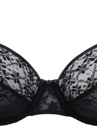 Black lace bra featuring floral patterns, smooth edges, a center hook closure, and a soft texture, designed for support and comfort.