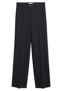 Pantalons larges noirs en tissu lisse, dotés de poches avant, d'une fermeture à bouton et de plis nets pour un design structuré.