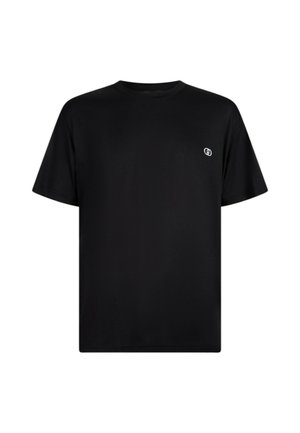 T-shirt in cotone nero con maniche corte, scollo rotondo e un piccolo logo sul lato sinistro del petto; texture liscia e vestibilità regolare.