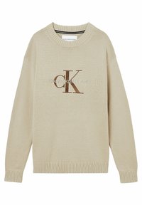 Pull beige en tricot avec bords côtelés, présentant un logo "CK" brodé en marron et le texte "CALVIN KLEIN JEANS" sur le devant.