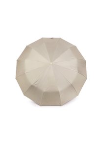 Ombrello beige con superficie in tessuto liscio, otto pannelli, meccanismo centrale a pulsante e una struttura robusta per proteggere dalle intemperie.