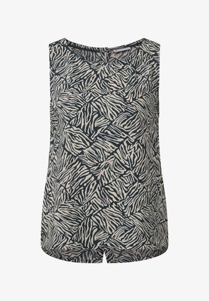 Top sin mangas en azul oscuro y crema con un estampado de cebra en zigzag, con un escote redondo y un corte holgado.