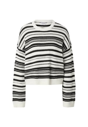 Mustvalge triibuline kootud kampsun pikkade varrukatega ja ümmarguse kaelusega, millel on tekstuuriga avatud koega muster.