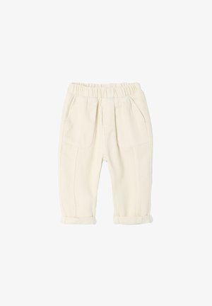 White cotton pants with textured ribbing, featuring an elastic waistband, two front pockets, and rolled cuffs for a casual look.