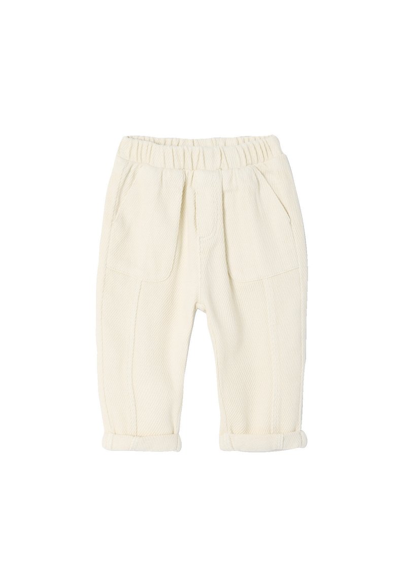 White cotton pants with textured ribbing, featuring an elastic waistband, two front pockets, and rolled cuffs for a casual look.