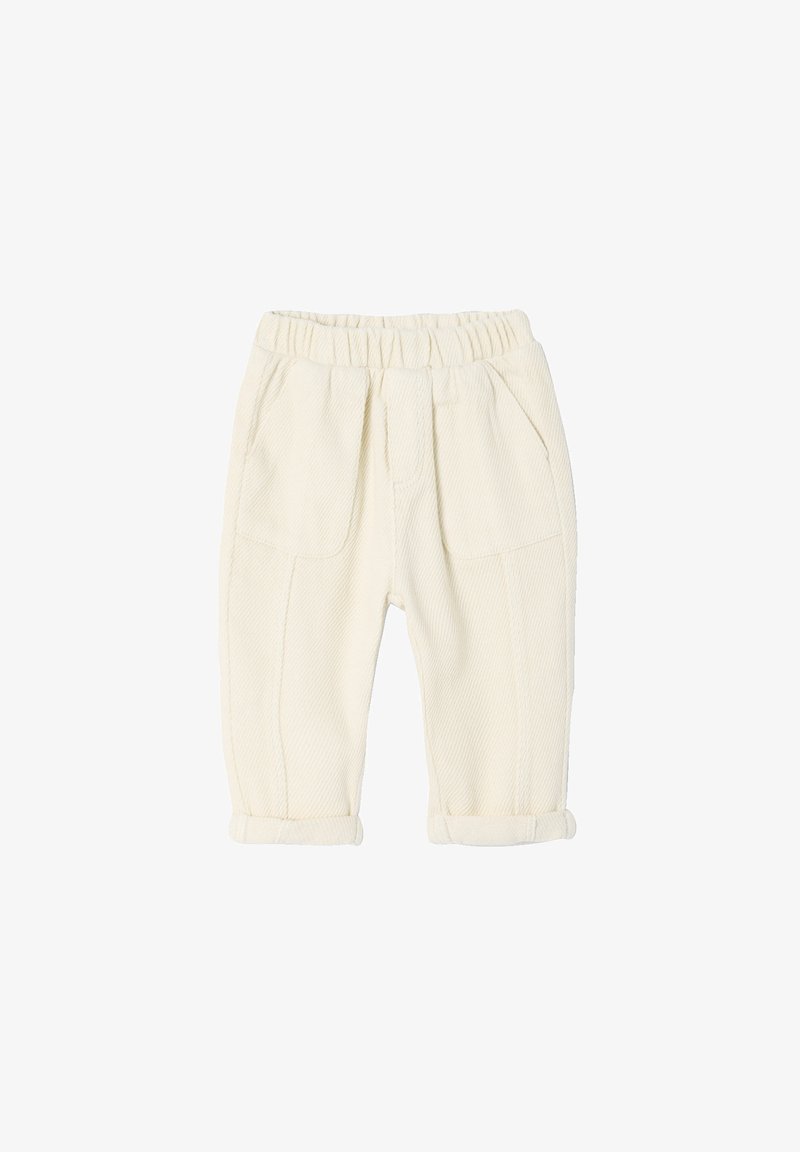 White cotton pants with textured ribbing, featuring an elastic waistband, two front pockets, and rolled cuffs for a casual look.