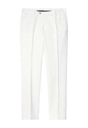 Pantaloni bianchi realizzati in tessuto leggero, con un design a gamba dritta, pieghe frontali, passanti per la cintura e chiusura con zip e bottone.