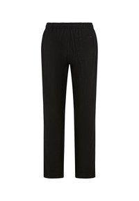 Zwarte broek met een elastische tailleband, met een recht model en een enkele achterzak. De stof lijkt lichtgewicht en gestructureerd.