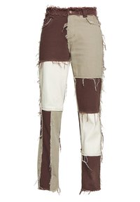 Patchwork pants with frayed edges in brown, beige, and off-white, featuring a high waist and slim fit design.