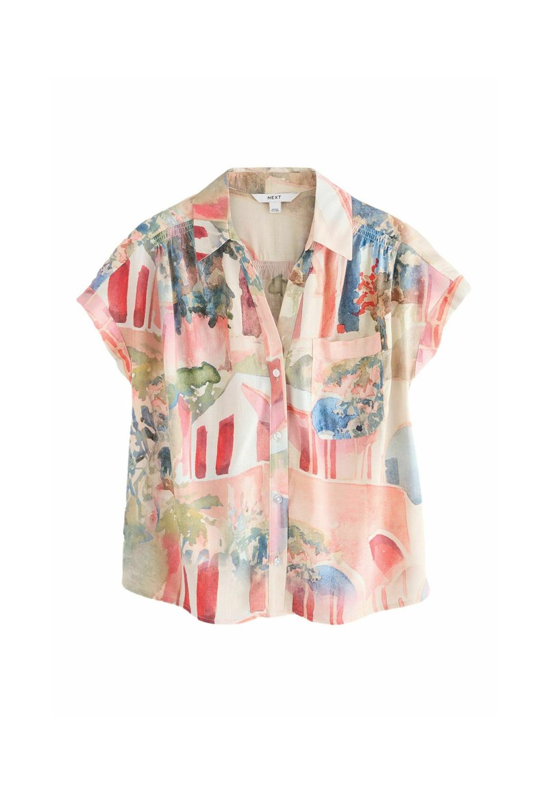 Camisa de manga corta y botones, fabricada en un tejido ligero, que presenta un patrón abstracto de acuarela multicolor con tonos de rosa, azul y verde.