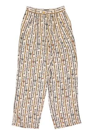 Pantaloni crema a vita alta con motivo di chiavi vintage verticali e catene in tonalità oro, bronzo e argento, con bottone e pieghe.