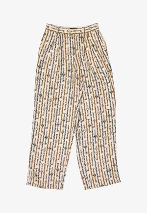 Pantalon crème taille haute avec un motif de clés vintage verticales et chaînes en tons doré, bronze et argent, avec un bouton et des plis.