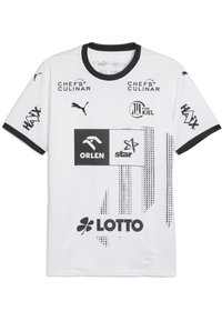 Weißes Sporttrikot mit schwarzem Kragen und Ärmelbesatz, mit Puma-Logo, THW Kiel-Wappen und Sponsoren Lotto, Orlen, Star, Chefs Culinar und Haix.