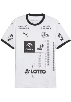 Maillot de sport blanc avec col et finitions de manches noires, portant le logo Puma, l'emblème de THW Kiel, ainsi que les sponsors Lotto, Orlen, Star, Chefs Culinar et Haix.
