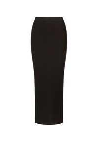 Gonna midi nera aderente realizzata in materiale elastico con una superficie liscia e una vita alta. Design semplice, senza motivi visibili o accessori.