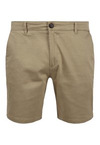 Shorts de algodón caqui con frente plano, trabillas para cinturón, cierre de un solo botón y textura suave. El dobladillo se sitúa por encima de la rodilla.