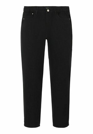 Pantalons en denim noir avec une coupe droite, dotés d'une fermeture à bouton, de poches avant et de détails de couture subtils.