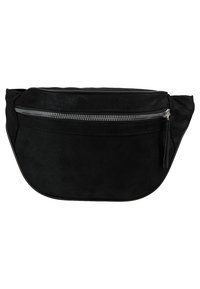 Borsa a vita in suede nero con tasca frontale con zip e tirazipper in pelle, progettata per un trasporto a mani libere.