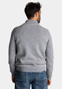 Grijze gebreide trui met een hoge kraag, geribde manchetten en zoom, met een zachte textuur en een subtiel gemêleerd patroon. Draagt over blauwe jeans.