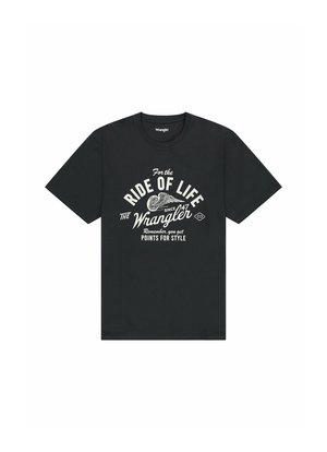 Black cotton t-shirt with short sleeves and a crew neck. Front features white text and graphics, including "For the RIDE OF LIFE" and "Wrangler."