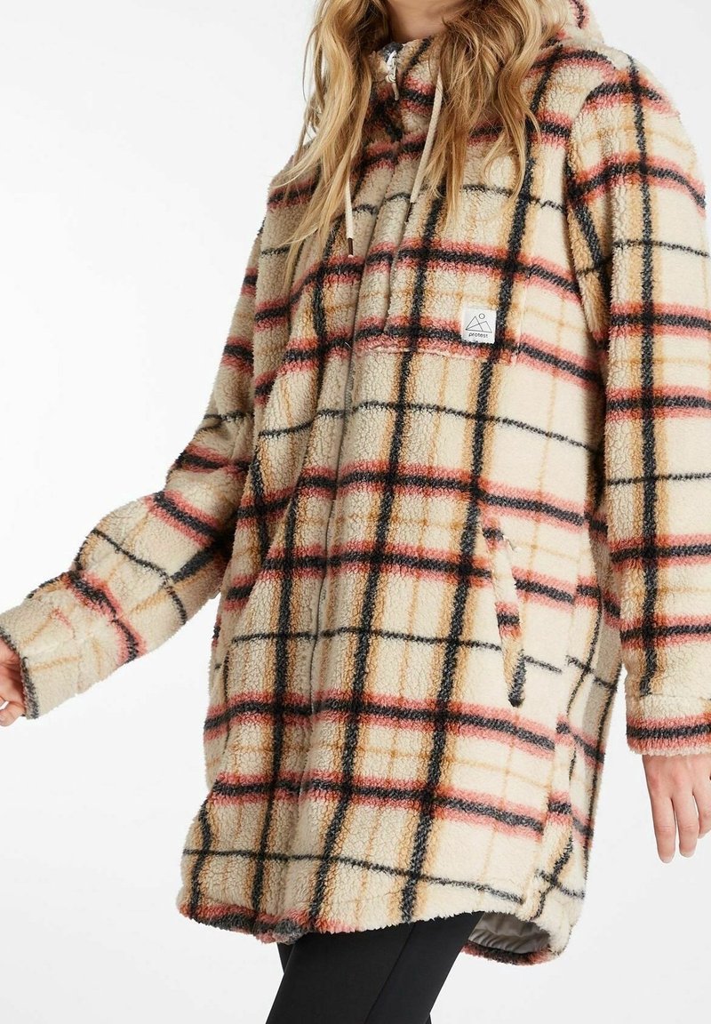 Beige, zwarte en rode oversized geruiten jas met fleece-voering, voorzien van een trekkoordkap, een voorzak en een textuurstof.