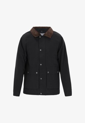 Černá bunda s hnědým kordovým límcem, se zapínáním na patentky a dvěma předními kapsami. Hladký materiál s volným střihem.