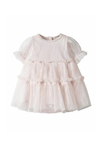 Svijetloružičasta haljina od slojevite tila s puf rukavima, s volanima na rubu i cvjetnom vezom po cijeloj površini. Zatvaranje na dugmad straga.