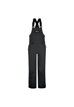 Black insulated bib overalls with adjustable shoulder straps and a front chest pocket displaying the Trollkids logo.