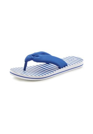 Blue flip-flop with a knotted fabric strap and a striped rubber sole in various shades of blue and white. Textured for grip and comfort.