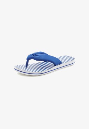 Blue flip-flop with a knotted fabric strap and a striped rubber sole in various shades of blue and white. Textured for grip and comfort.