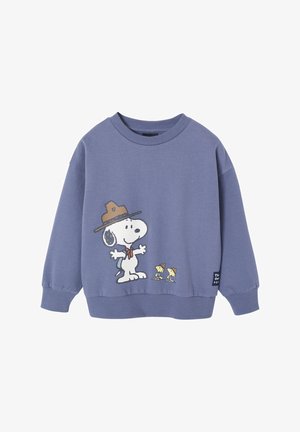 Lila Sweatshirt mit geripptem Halsausschnitt und Bündchen. Das Design zeigt eine Cartoon-Grafik von Snoopy, der einen Hut trägt, mit zwei kleineren Figuren darunter.