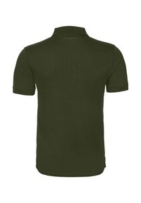 Mörkgrön polo tröja, korta ärmar, krage. Slät textur med subtilt varumärkesdetalj på baksidan av nacken. Klassisk passform.