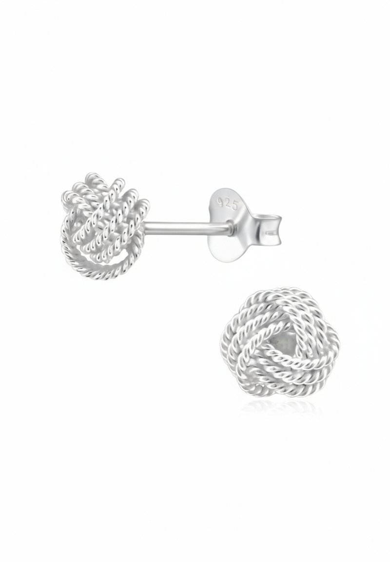 Boucles d'oreilles en argent en forme de nœud avec un design en corde torsadée. Marquées "925" indiquant de l'argent sterling. Comprend un fermoir métallique sécurisé.