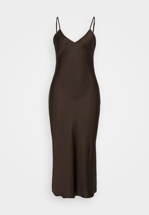 Brown satin slip dress with a V-neck, thin adjustable straps, and a straight silhouette, falling to mid-calf, smooth texture, and minimalist design.