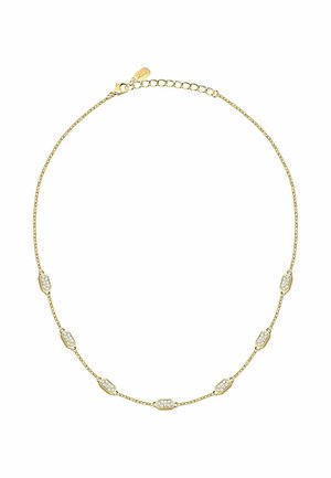 Delikat guldkædehalskæde med syv små rektangulære diamantbesatte led jævnt fordelt, med lobsterlås og forlængerkæde.